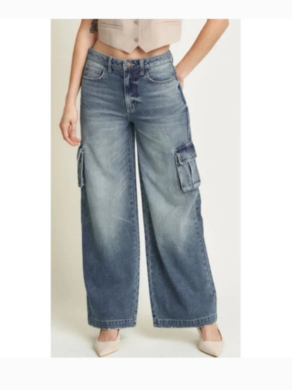 Oliver Logan The Madison Mid Rise Wide Leg Aged Indigo Cargo Denim Jeans Size 27